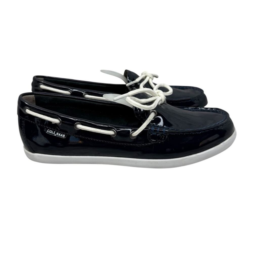 COLE HAAN Boat Lace Up Shoes Women’s Sz 9  Loafer Navy Blue Patent Leather
